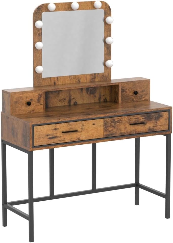 SUNVIVI Vintage Vanity Desk with Lighted Mirror, 40' Large Dressing Makeup Vanity Table with 4 Drawers, 3 Color Lighting Modes & 10 Brightness, Dressing Table with Metal Frame for Woman Adult Bedroom