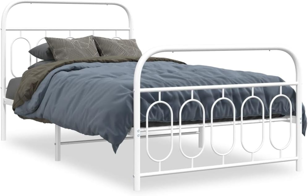 Twin Metal Bed Frame with Footboard White 39.4'x78.7' Sturdy Steel Platform Bed Base with Underbed Storage Space for Bedroom Guest Room