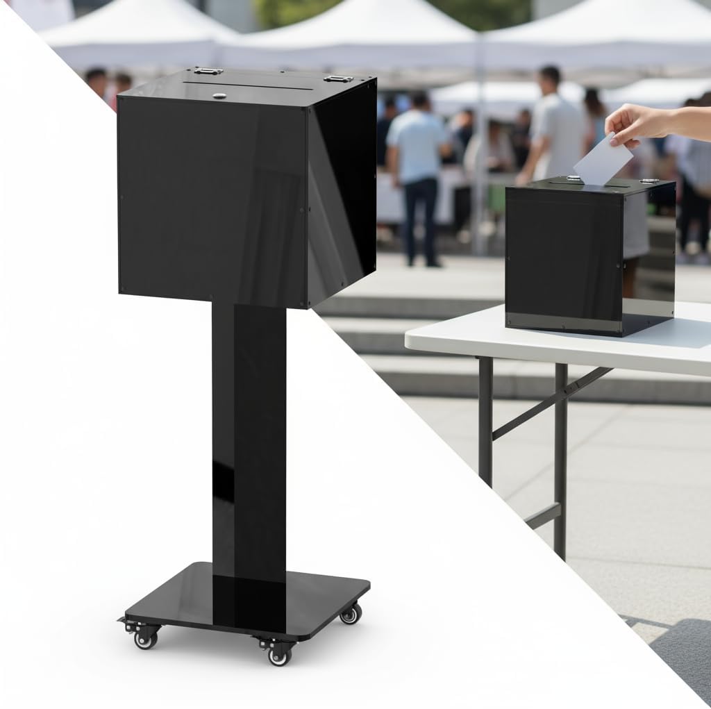 Acrylic Donation Box with Stand on Wheels, Mobile Locking Offering Box for Church & Charity, Private Standing Suggestion Box with Casters for Office, Large Floor Ballot Box, Tithe Box (Opaque Black)