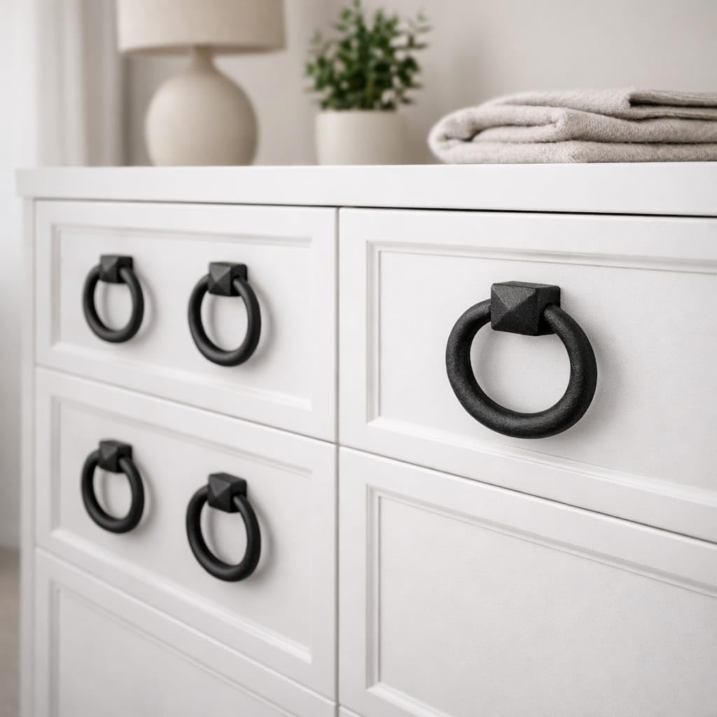 Renovators Supply Manufacturing Black Cast Iron Mission Cabinet Ring Pull Swing Handle Antique Drop Style 2 in. RSF Rust-Resistant Powder Coat Finish Pack of 12