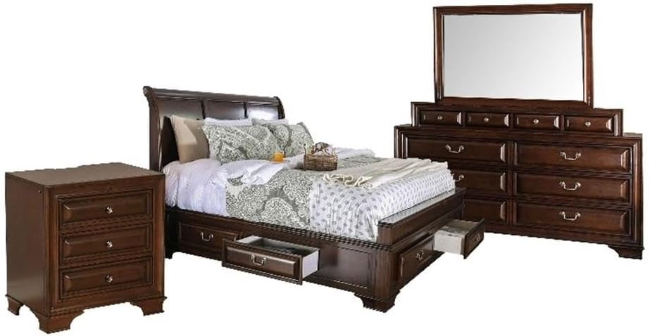 Benjara Lio Four PC King Size Bedroom Set - Cherry Brown Wood Inlay/Silver