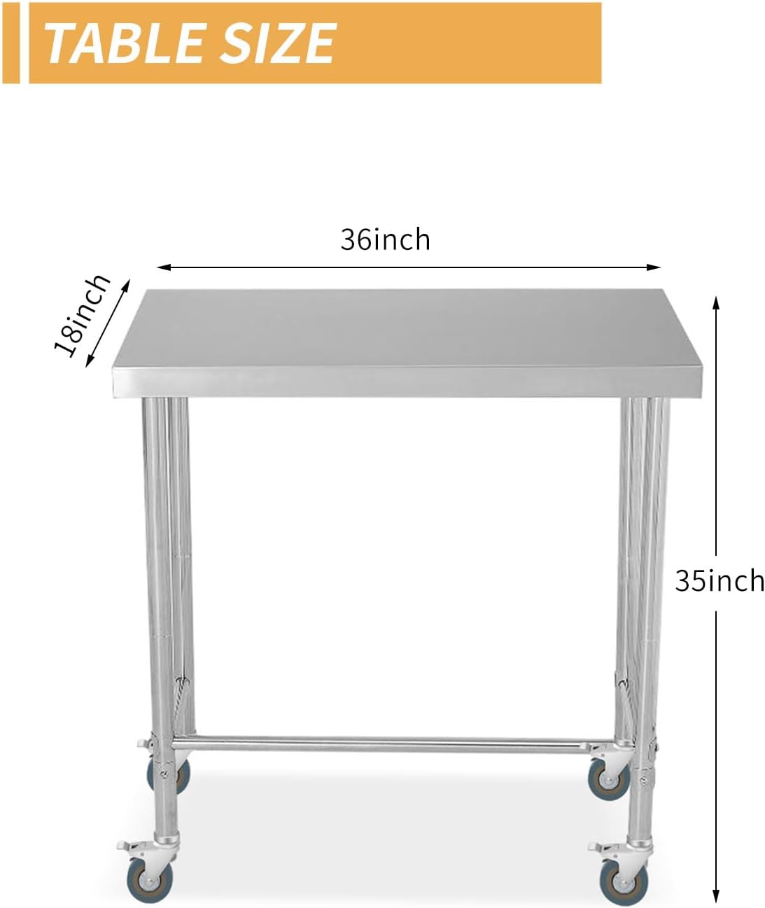 GarveeLife Stainless Steel Table, 18'x36'x35' Utility Work Tables, Commercial Kitchen Prep Table with Locking Casters and Open Base Single Tier, for Restaurant, Garage, Workshop, Silver