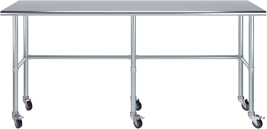 AmGood Stainless Steel Work Table Open Base & Wheels | Work Station | Metal Work Bench (Stainless Steel Work Table Open Base + Casters, 84' Long x 18' Deep)
