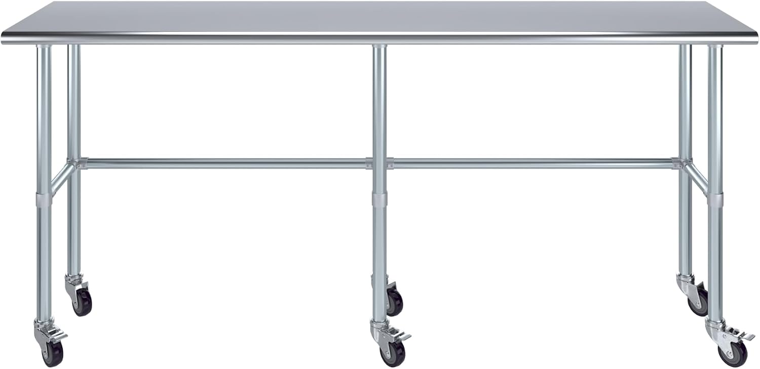 AmGood Stainless Steel Work Table Open Base & Wheels | Work Station | Metal Work Bench (Stainless Steel Work Table Open Base + Casters, 84' Long x 18' Deep)