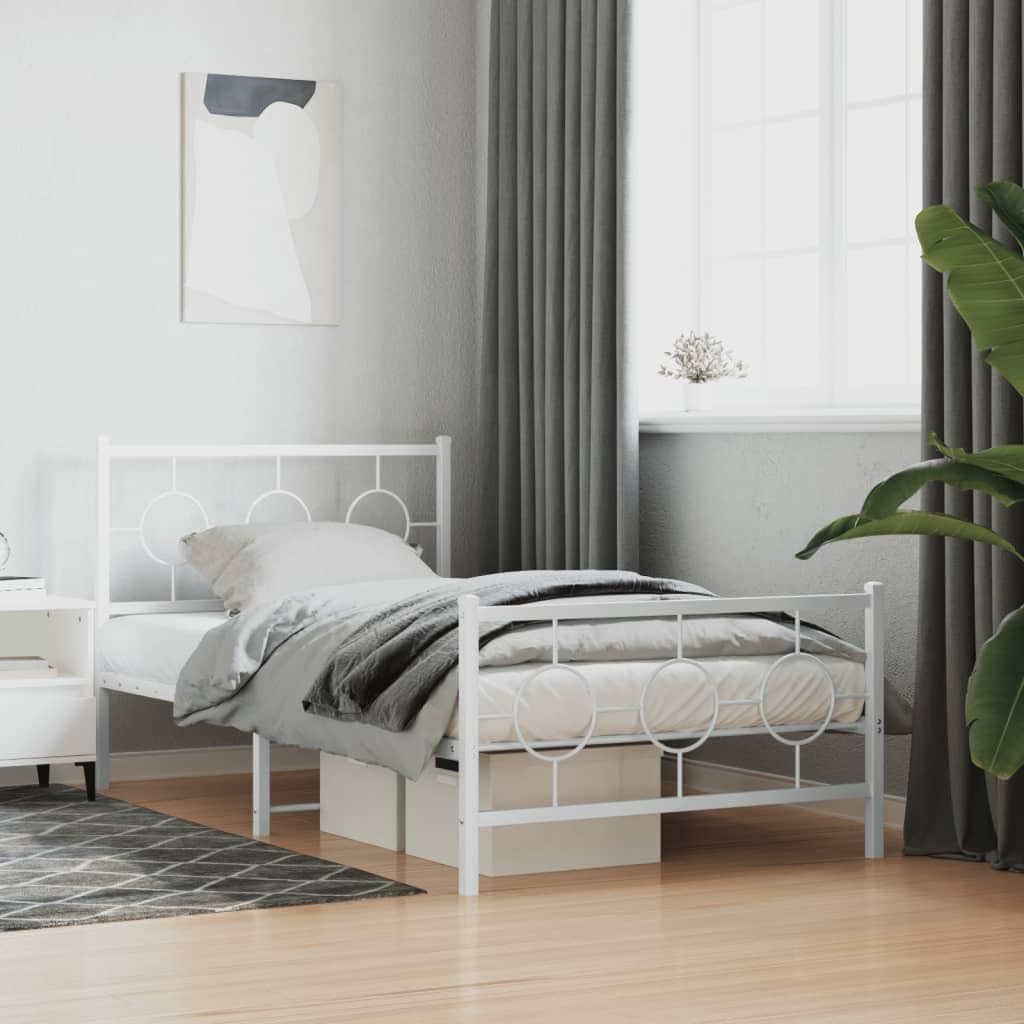 Twin Bed Frame Metal Platform with Footboard White 39.4'x78.7' Sturdy Steel Construction Underbed Storage Space for Bedroom Guest Room