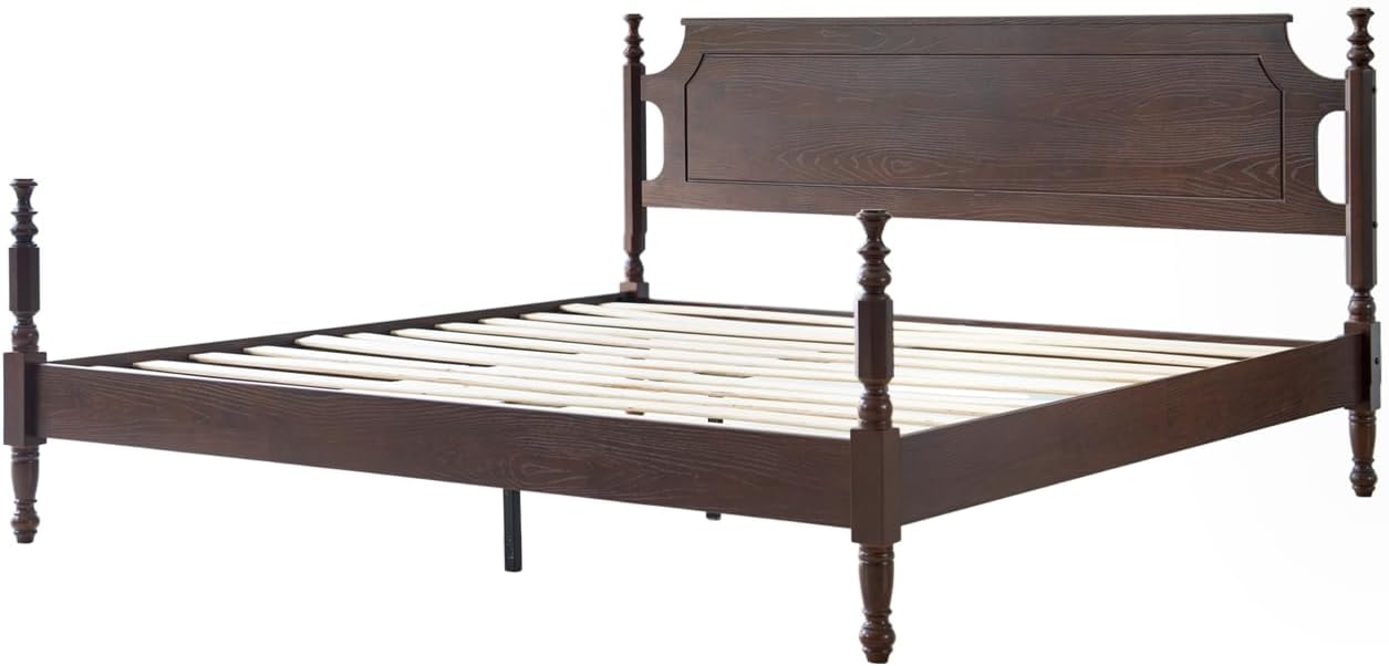 Solid Wood King Size Platform Bed Frame with Headboard & Footboard, 12 Strong Slats Base, Metal Legs, No Box Spring Needed, Easy Assembly, Anti-Noise & Slip-Free, Dark Roast Oak Finish, ROK-32