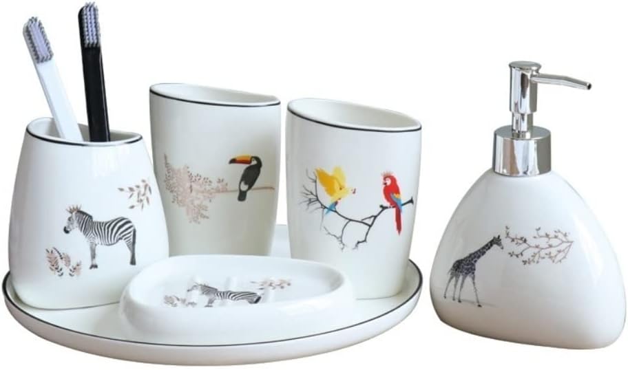Vanity Bathroom Decor, Bathroom Accessories Set Includes Cute Animal Lotion Soap Dispenser Toothbrush Holder Soap Holder Housewarming Gift(5 Pieces+Round Tray)