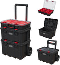 Keter Stack-n-Roll Modular Tools Organizer for Garage Storage and DIY, 3 Piece Resin Rolling Tool Box System for Small Parts, Black