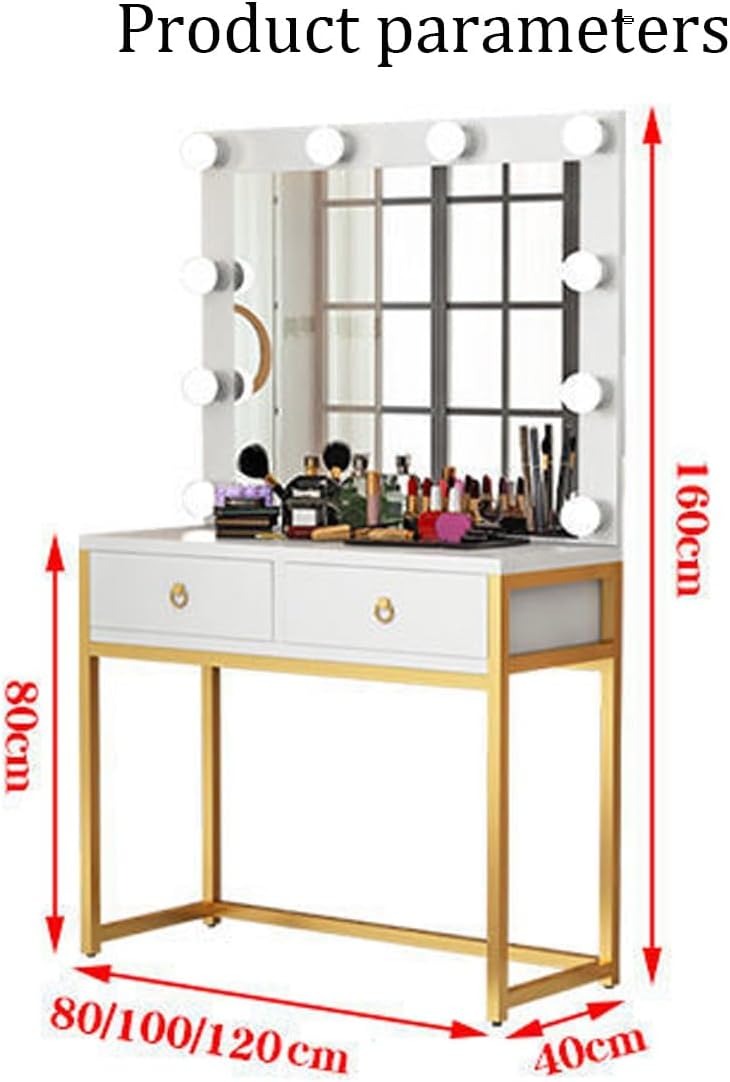 Vanity Desk with Lighted Mirror,Cosmetic Bedroom Dresser Make Up Desk,Vanities Benches Table Set with Large Tabletop,Free Make-up Organizer (Color : Platinum, Size : 120cm)