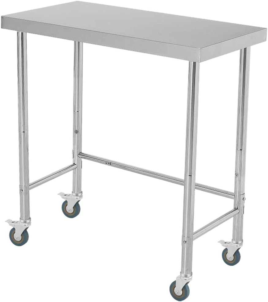 GarveeLife Stainless Steel Table, 18'x36'x35' Utility Work Tables, Commercial Kitchen Prep Table with Locking Casters and Open Base Single Tier, for Restaurant, Garage, Workshop, Silver
