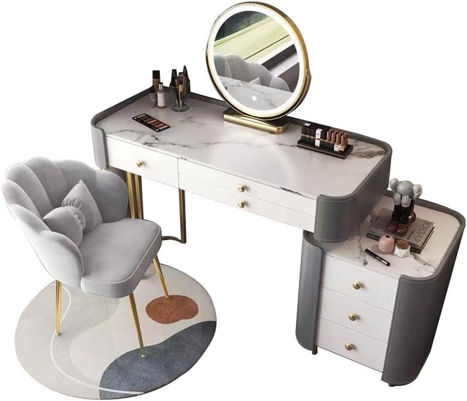 Vanity Benches Dresser Bedroom Modern Minimalist Retractable Dresser with Side Cabinet, LED Round Mirror, Dressing Stool, Multiple Drawers (Color : A)