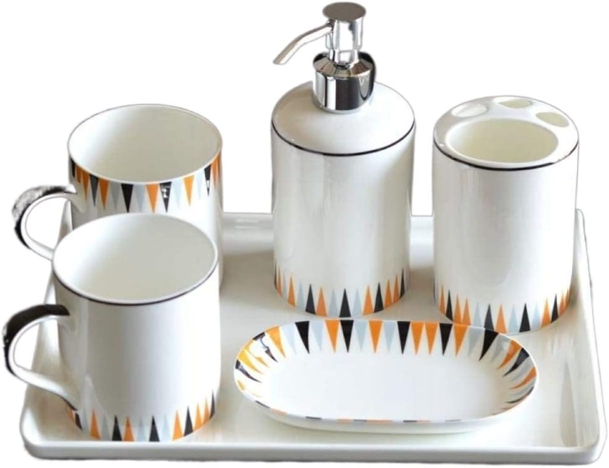 Vanity Bathroom Decor, Bathroom Accessory Sets Ceramic Simple European Style Bathroom Toiletries Set Mouthwash Toothbrush Cup Housewarming Gift(B)