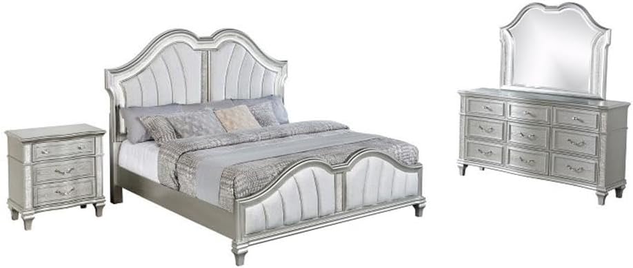Best Quality Furniture Silver Embossed Wood Bedroom Set with King Panel Bed