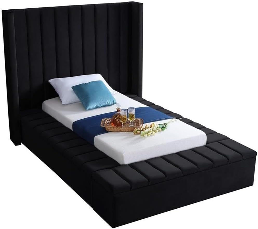 Meridian Furniture Kiki Collection Modern | Contemporary Velvet Upholsterd Bed with Channel Tufting, Siderails and Footboard Storage Compartments, Twin, Black