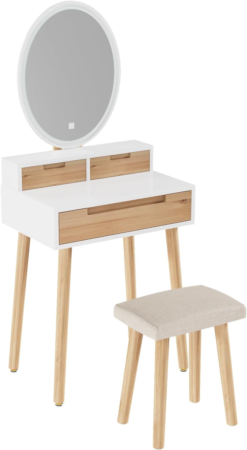 YOURLITE Small Makeup Vanity Desk with Lights, Compact Vanity Desk with Adjustable Brightness Mirror for Small Spaces, Dressing Table with Drawers and Storage Shelves