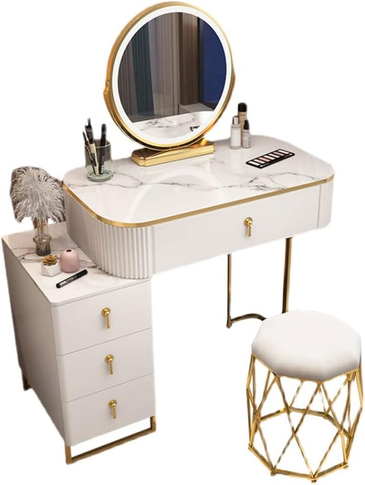 Vanity Benches Vanity Dressing Table Set with Lighted Mirror, Makeup Table with Drawers and Stool for Bedroom White (Color : A)