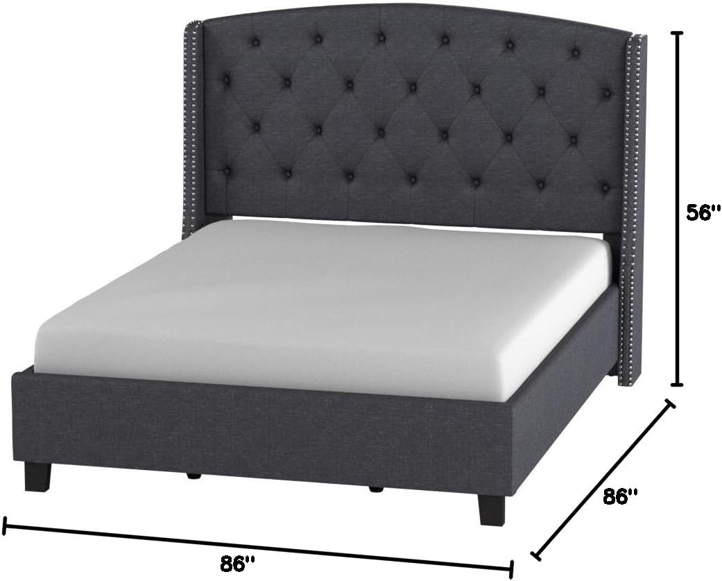 Roundhill Furniture Nantarre Fabric Tufted Wingback Upholstered Bed with Nailhead Trim, King, Gray