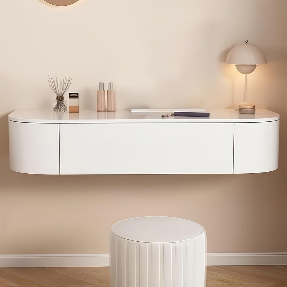 Hanging Vanity Table with Storage Drawers Floating Corner Dressing Desk Wooden Wall-Mounted Desk for Room Small Spaces Heavy Duty(White,100 cm)