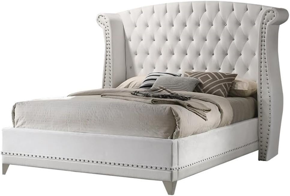 MAKLAINE 4-Piece Upholstered Eastern King Bedroom Set, Solid Wood Construction, White Velvet and Crocodile Leatherette Finish, Includes Bed, Dresser, Mirror, Nightstand, Contemporary Glam Style