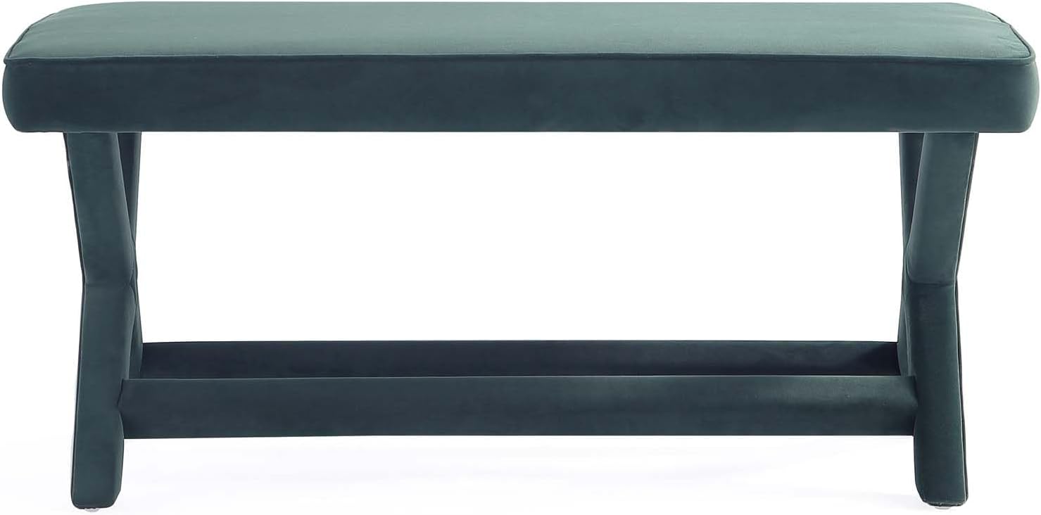 Manhattan Comfort Abigail Double Ottoman Bench Upholstered in Velvet Fabric, Luxurious Accent Vanity Stool with Stylish X-Crossed Legs, Solid Wood Frame, Plush Piped Cushion, Fully Assembled, Green