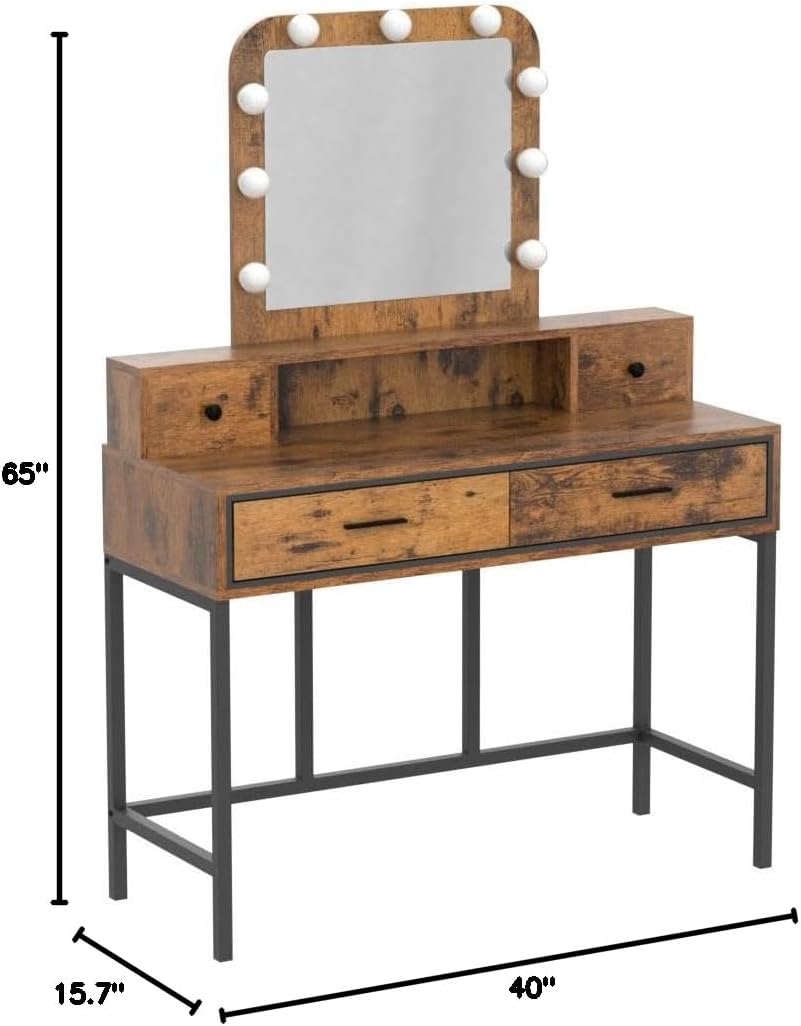 SUNVIVI Vintage Vanity Desk with Lighted Mirror, 40' Large Dressing Makeup Vanity Table with 4 Drawers, 3 Color Lighting Modes & 10 Brightness, Dressing Table with Metal Frame for Woman Adult Bedroom