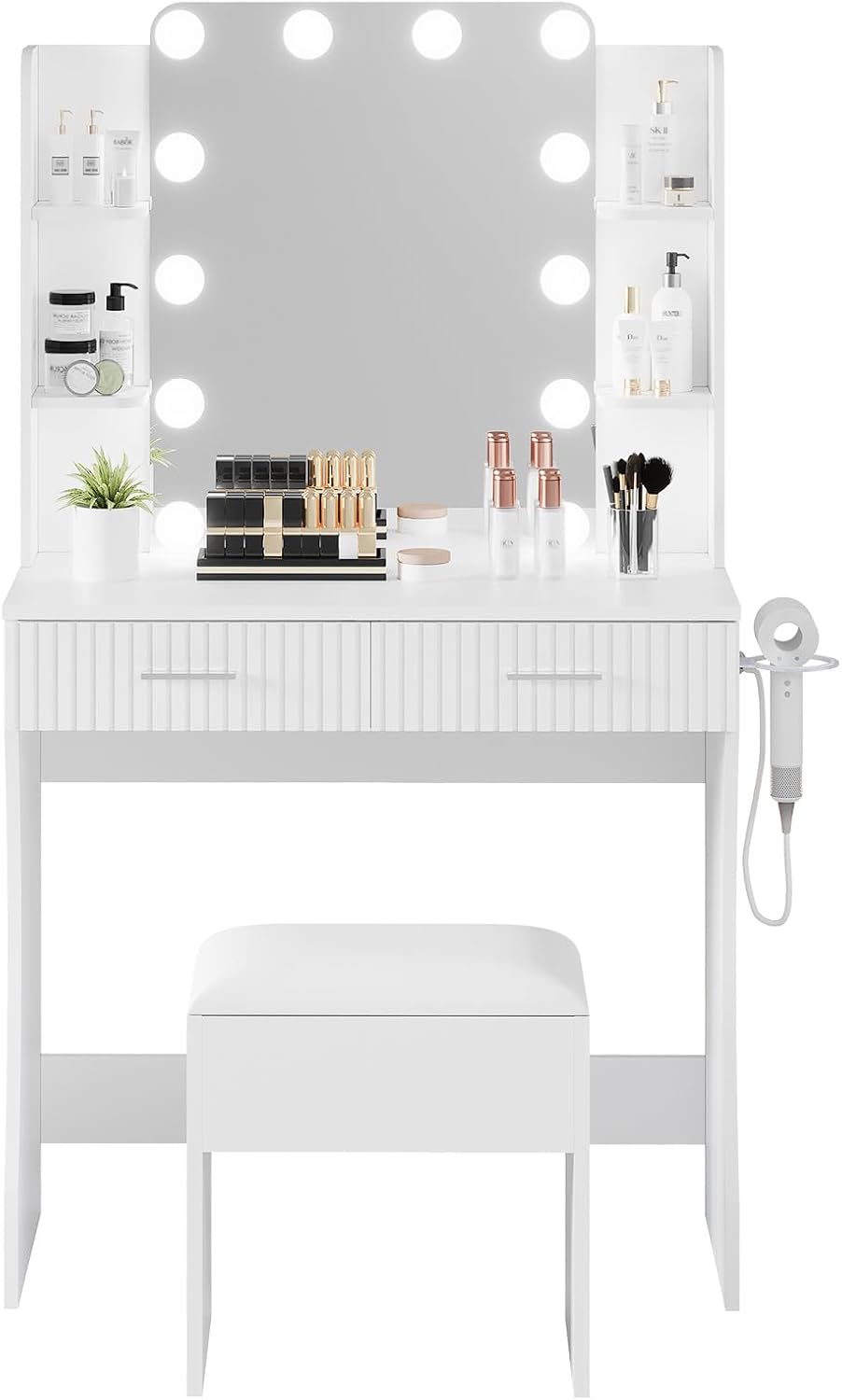 IDEALHOUSE Makeup Vanity Desk with Mirror and 12 LED Lights, White Vanity Table with Power Outlet, 2 Drawers, 6 Shelves, Hair Dryer Holder & Stool, Modern Dressing Table Furniture for Bedroom