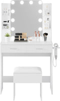 IDEALHOUSE Makeup Vanity Desk with Mirror and 12 LED Lights, White Vanity Table with Power Outlet, 2 Drawers, 6 Shelves, Hair Dryer Holder & Stool, Modern Dressing Table Furniture for Bedroom