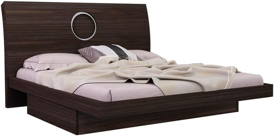 Pemberly Row 4-Piece California King Bedroom Set, High Gloss Brown Wenge Wood, Includes Bed, Dresser, Nightstand, Mirror, Circular Inlet Design, Modern Elegance for Master Bedroom Decor