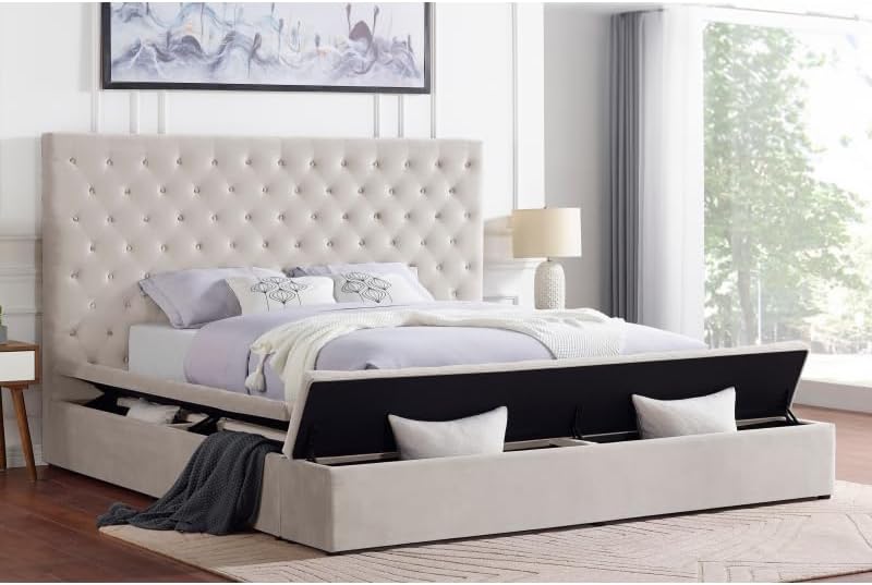 First of a Kind Modern Velvet Tufted upholstered Platform Storage Bed, Bed with deep Button Tufting and Storage Compartments in Rails and Footboard (Cream, Eastern King)