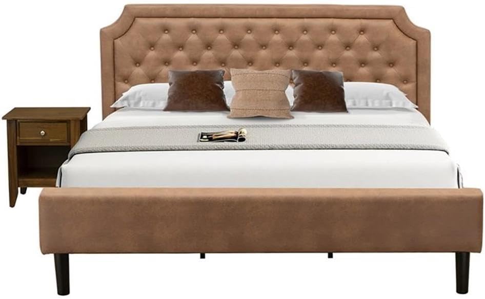 East West Furniture GB28K-1GA08 2-Piece Platform King Size Bedroom Set with Button Tufted King Frame and 1 Antique Walnut Night Stand - Brown faux Leather with Brown Texture and Black Legs