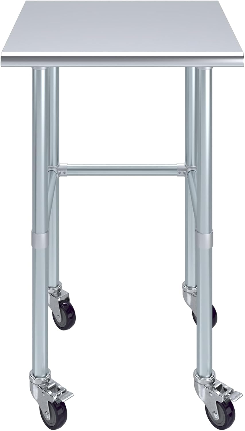 AmGood Stainless Steel Work Table Open Base & Wheels | Work Station | Metal Work Bench (Stainless Steel Work Table Open Base + Casters, 24' Long x 24' Deep)