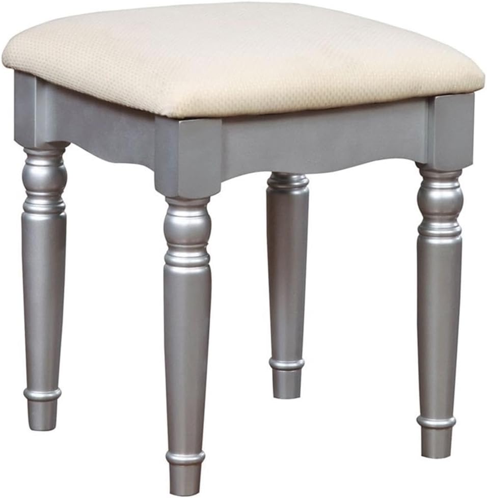 Pemberly Row Modern Wood 3-Piece Bedroom Vanity Set, Silver Finish, Transitional Style with Tri-Fold Oval Mirror, Cushioned Stool, 9 Storage Drawers, Elegant Design for Bedroom Use