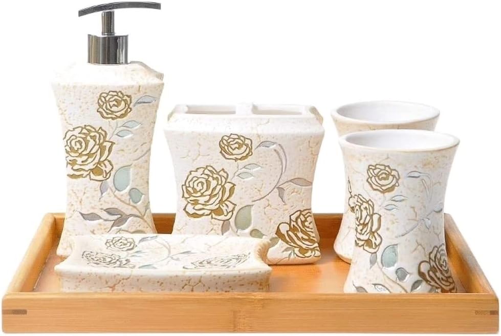 Vanity Bathroom Decor, Bathroom Accessory Set Bathroom Set Soap Dispenser Toothbrush Holder Soap Dish Housewarming Gift(6-Piece)