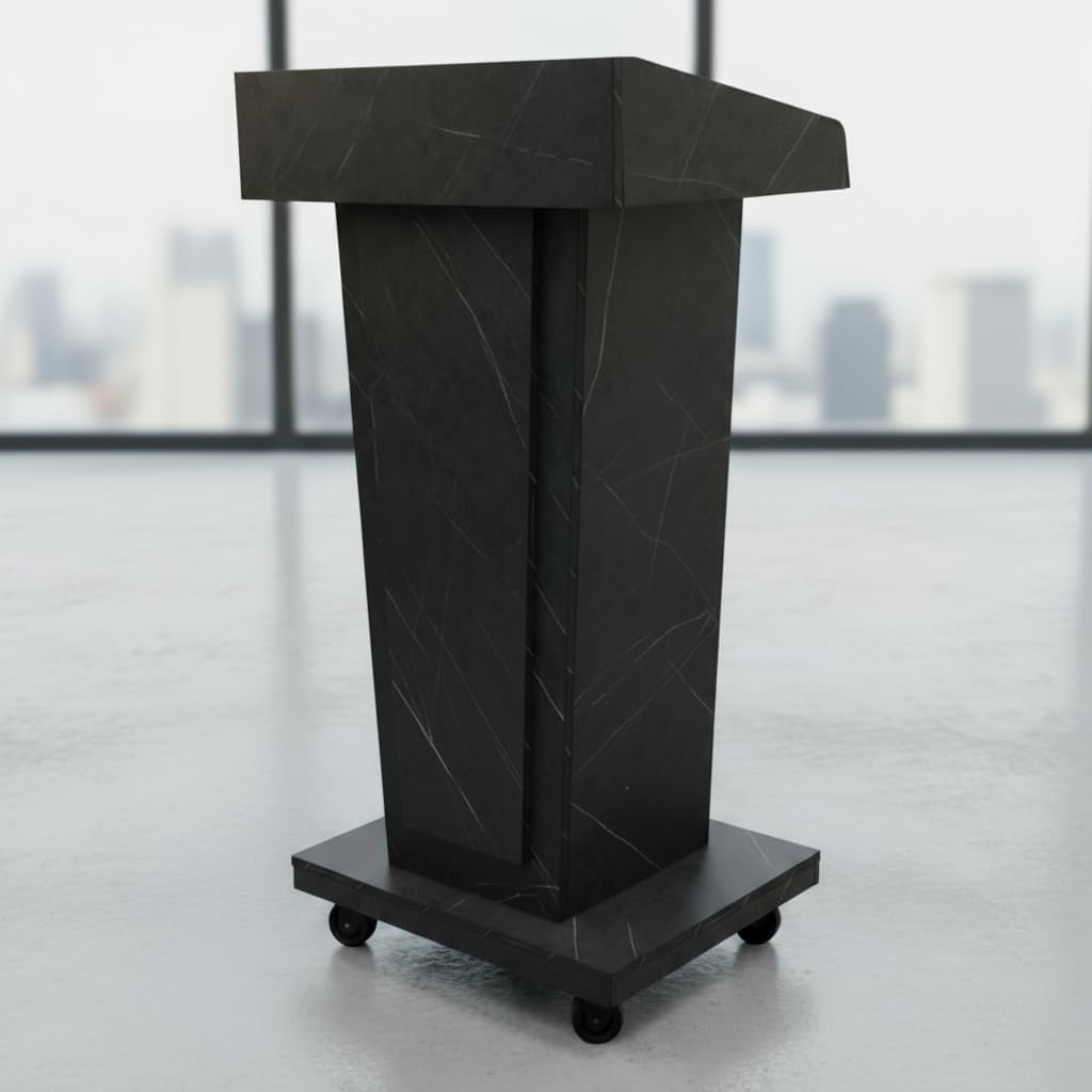 Wooden Podium Stand with Footrest, Rolling Lectern with Storage, Marble Texture Finish, 23.6' Desktop, Built-in Cable Holes, Sturdy Base, Mobile Pulpit for Churches, Conferences & Offices
