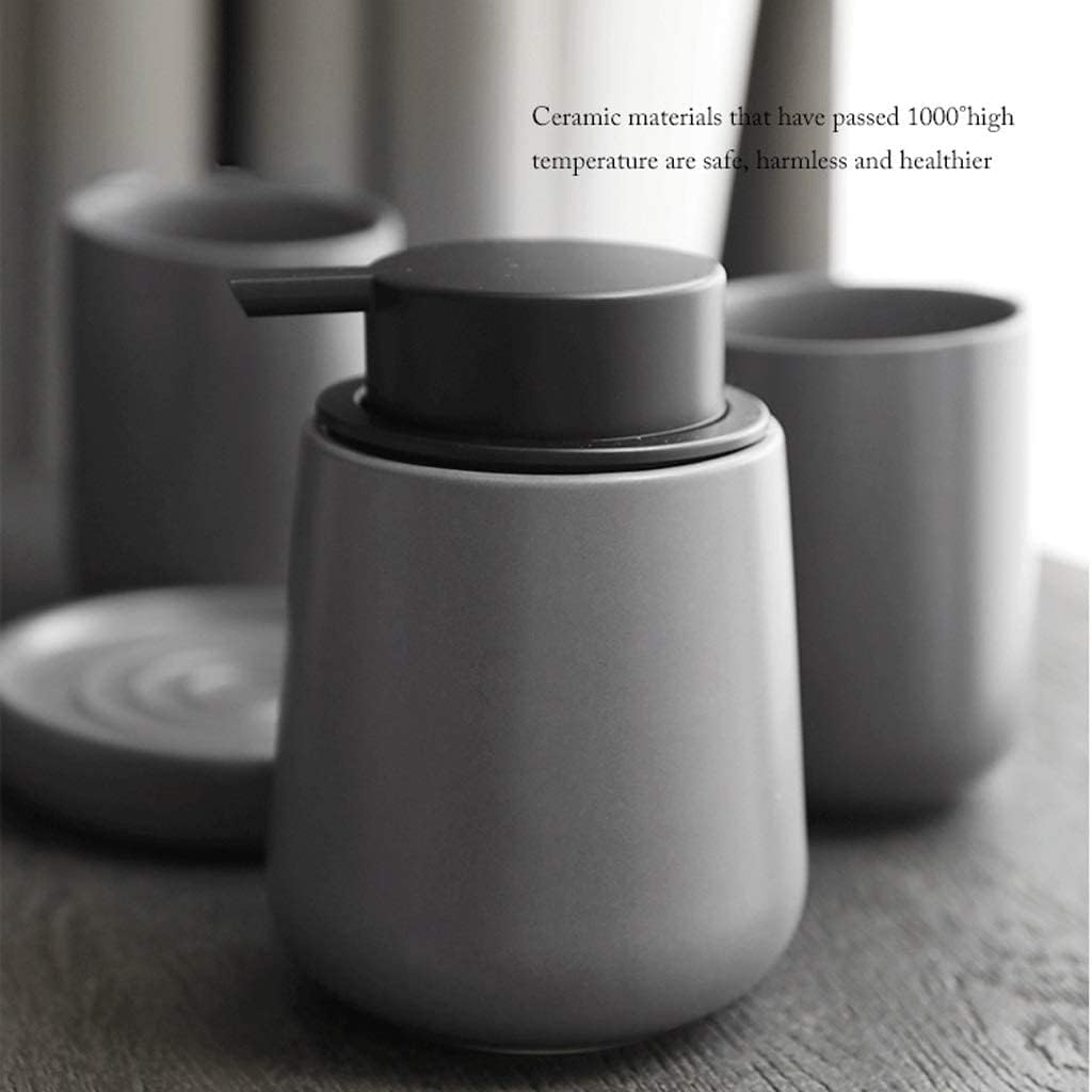 Vanity Bathroom Decor, Soap Dispenser 4 Piece Bathroom Accessories Set, Bath Set Features Soap Pump, Soap Dish Gray Ceramic 8.4oz Housewarming Gift