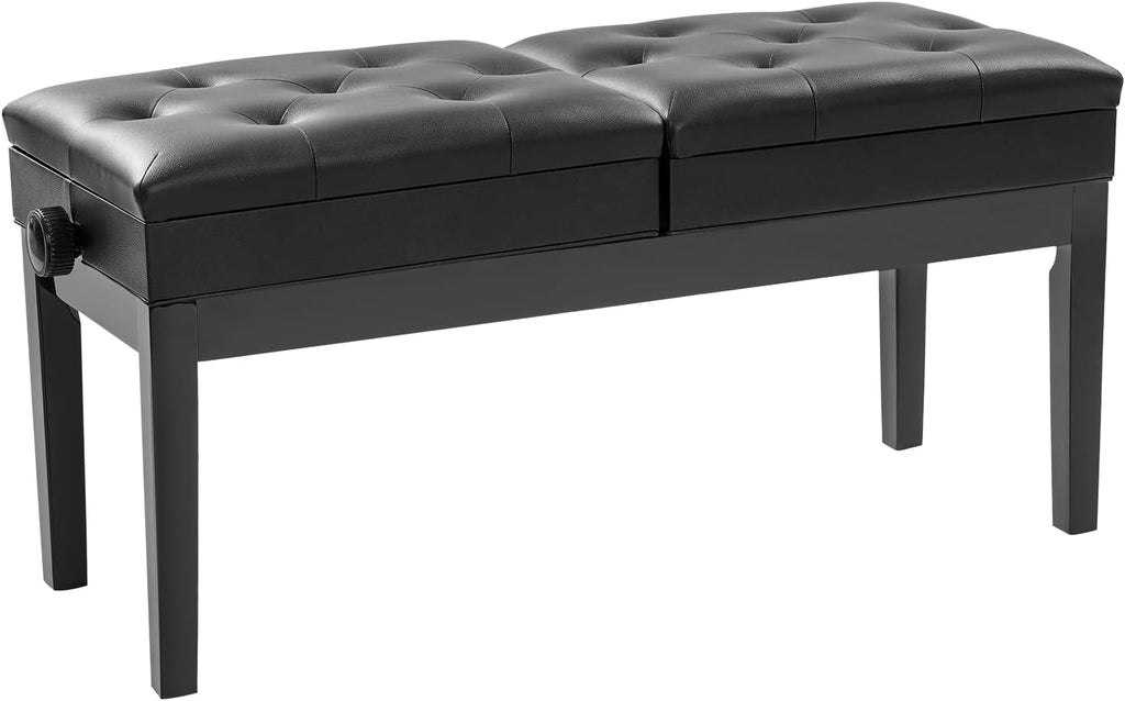 Adjustable Duet Piano Bench with Storage, Wood Keyboard Stool with PU Leather Padded Cushion, Double Seater Piano Chair with High-Density Sponge for Piano, Vanity, Living Room (Black)
