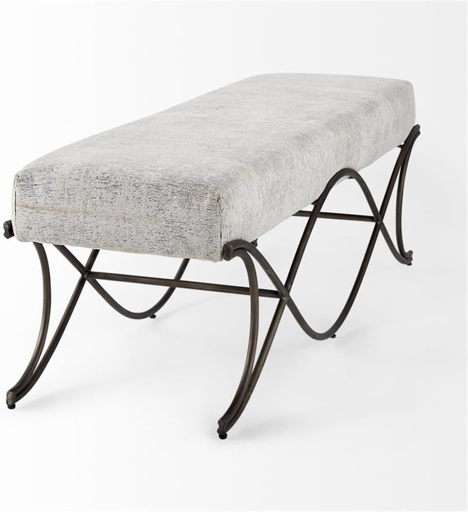 Pemberly Row Vanity Bench, 55 in x 17.6 in x 18 in, Dark Gray Fabric Seat, Dark Nickel Metal Frame, Soft Cushioned Seating with Crisscross Legs, Contemporary Style for Entryway or Communal Spaces