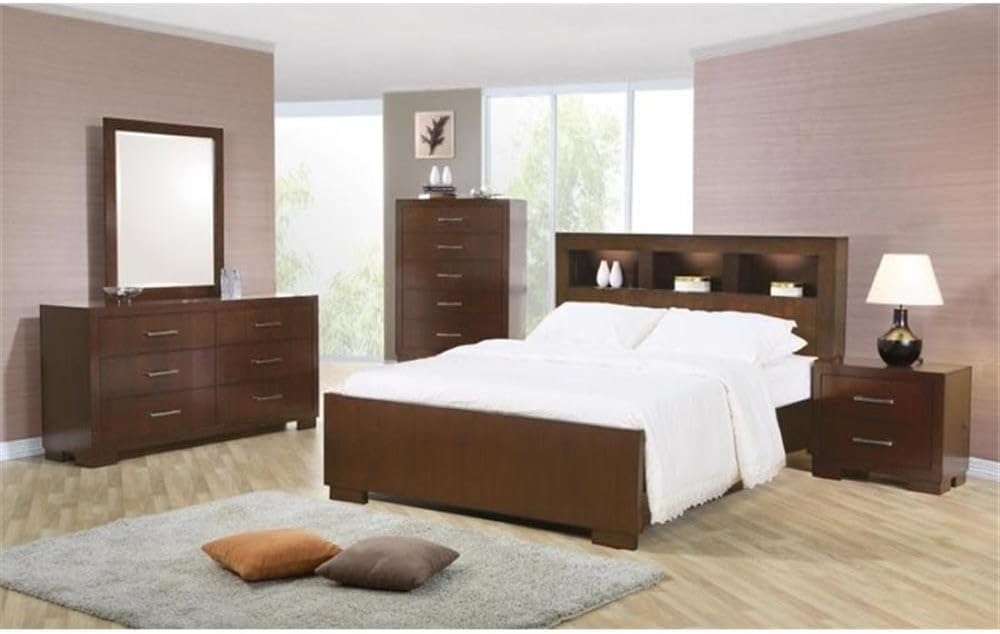 BOWERY HILL 4 Piece Queen Storage Bedroom Set, Solid Wood and Veneers, Cappuccino Finish, Includes Queen Bed with Headboard Storage and Lighting, Nightstand, Dresser, Mirror, Bedroom Furniture