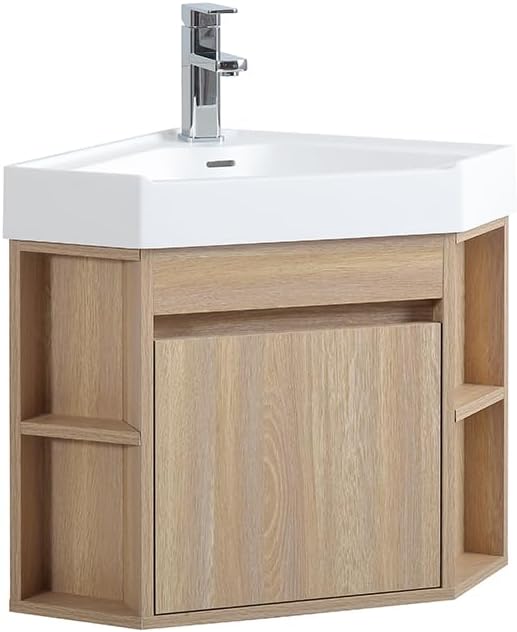 Tennant Brand 18 Inch Wall Mount Corner Bathroom Vanity with Matte Solid Surface (Light Oak)