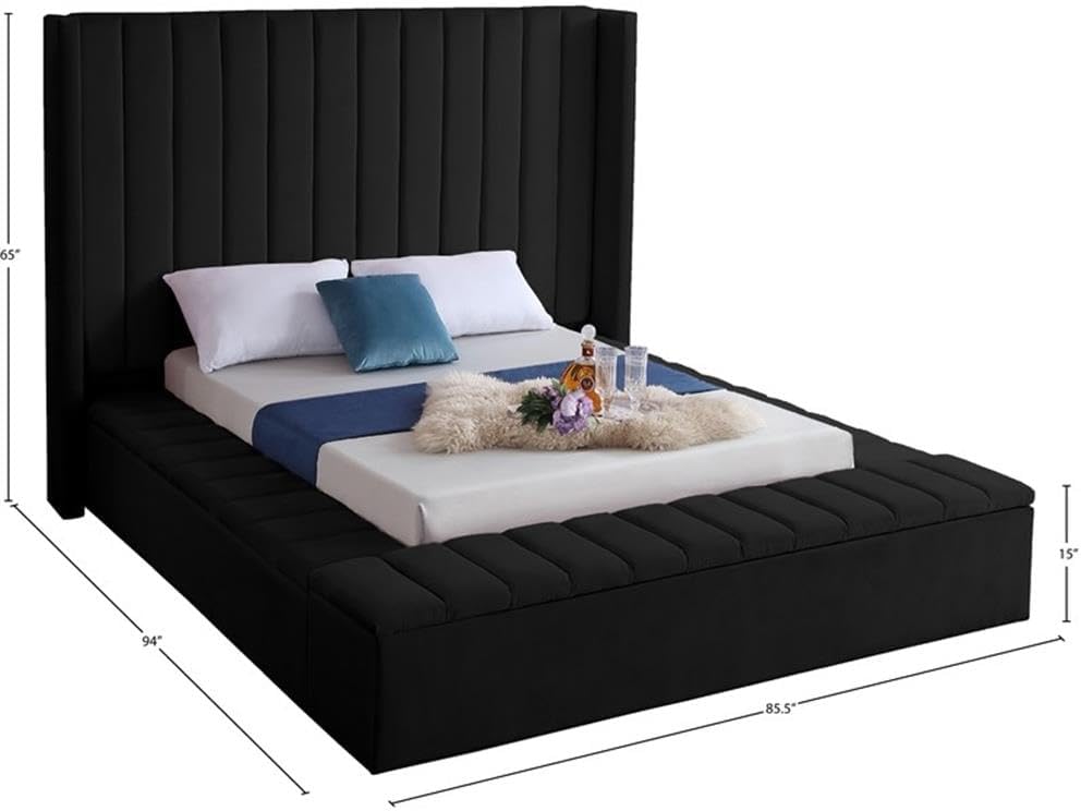 Meridian Furniture Kiki Collection Modern | Contemporary Velvet Upholsterd Bed with Channel Tufting, Siderails and Footboard Storage Compartments, Full, Black
