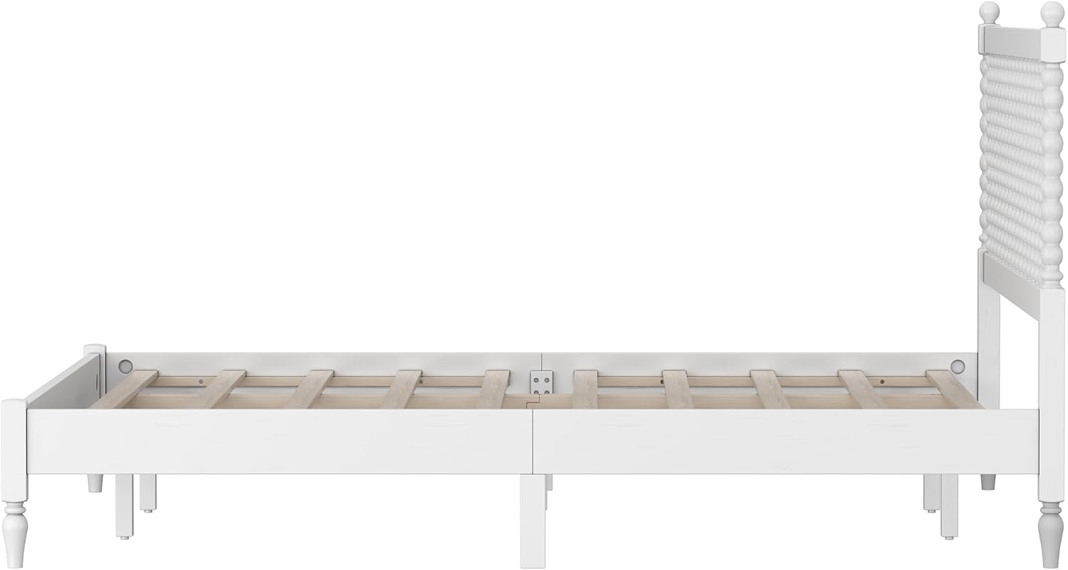3 s Bedroom Sets King Size Wood Platform Bed with Gourd Shaped Headboard, Antique White