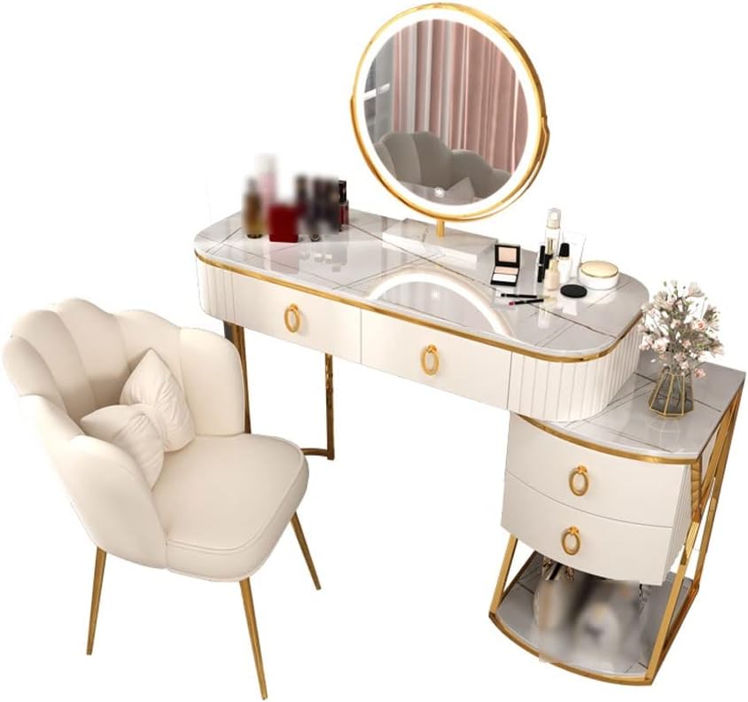 Vanity Benches Vanity Desk Set Bedroom Modern Dresser Ladies Fashion Dresser Bedroom Small Table with Side Cabinet, Mirror, Stool (Color : A)
