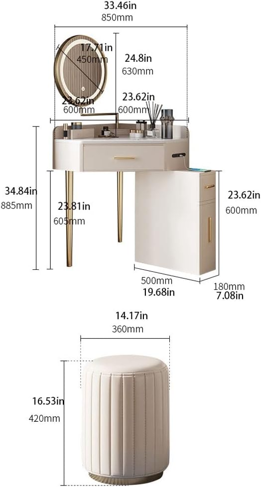 Vanity Benches Vanity Table Set with 3 Color Touch Screen Dimming Mirror,Makeup Dressing Table with 3 Drawers and Cushioned Stool,Dresser Desk (Color : A)