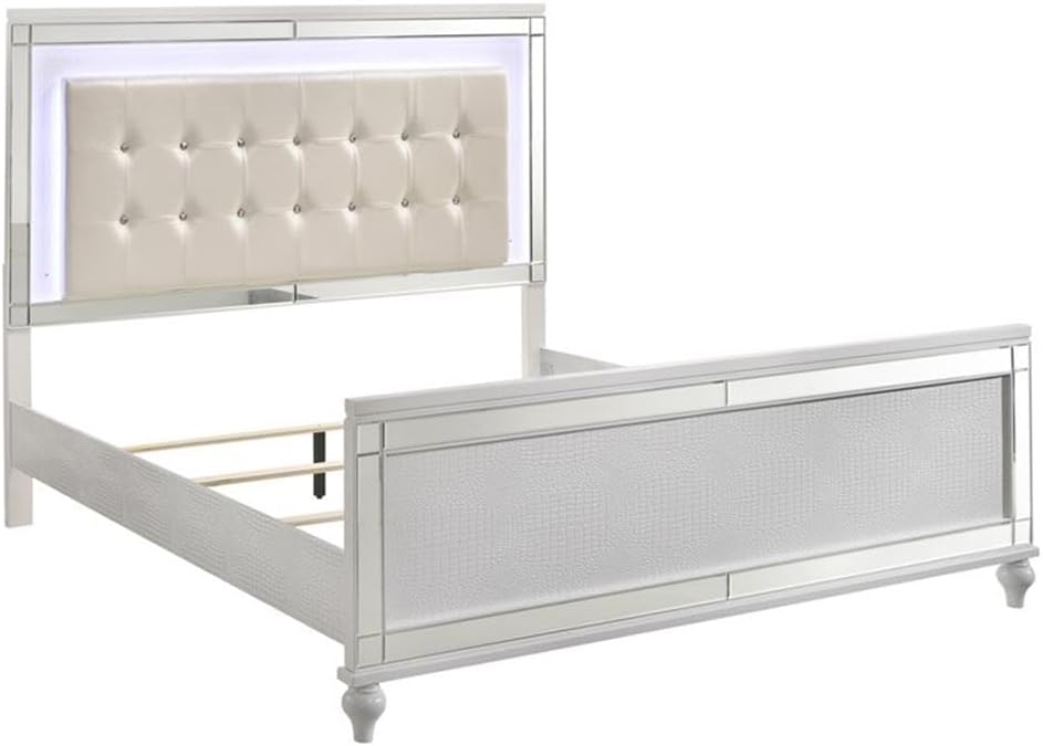 Pemberly Row Modern Solid Wood Queen Lighted Bed, White Finish, Hardwood Solids and Veneers, Embossed Inlay, Lighted Headboard, Durable and Functional Design for Bedroom Use