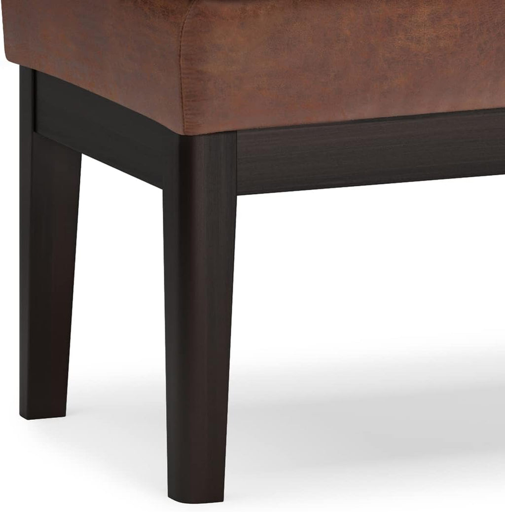 SIMPLIHOME Carlson Ottoman Bench - 45 inch Wide Upholstered Vegan Leather Rectangle Ottoman in Distressed Saddle Brown, Mid Century Modern Bench for Bedroom or Living Room with Padded Seat