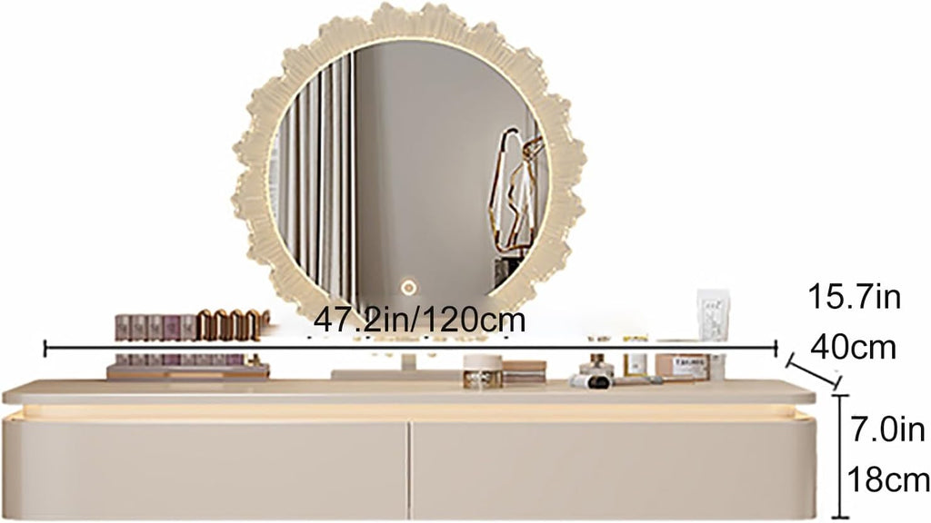 White Corner Floating Makeup Vanity, Wall-Mounted Vanity Desk with Lights, Floating Corner Desk for Bedroom, Dressing Room, or Small Spaces(120cm/47.2in)