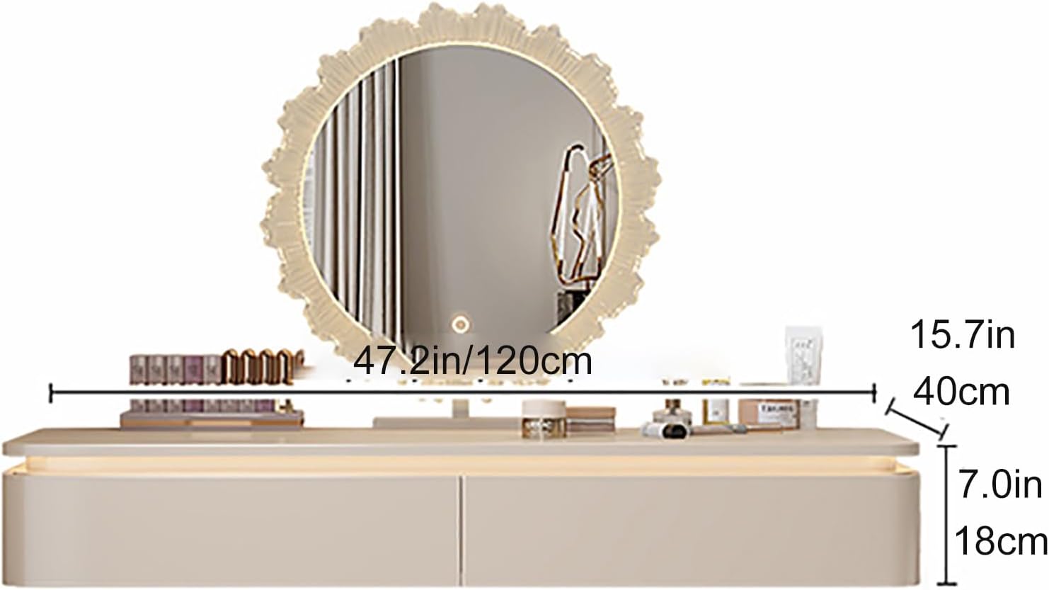 White Corner Floating Makeup Vanity, Wall-Mounted Vanity Desk with Lights, Floating Corner Desk for Bedroom, Dressing Room, or Small Spaces(120cm/47.2in)