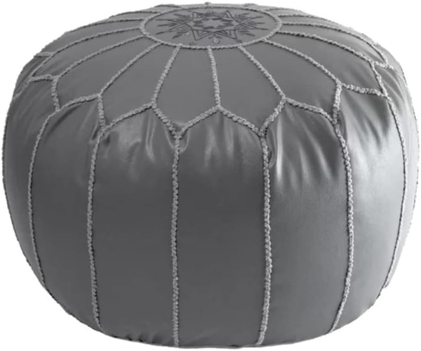 Classy Gray Faux Leather Round Pouf Ottoman 20'' | Stylish Tufted Footrest Vanity Stool Glamorous Touch Luxe Look, | Bench Fluffy Dorm Patio Perfect for Living Room, Bedroom, Lounge Cushioned