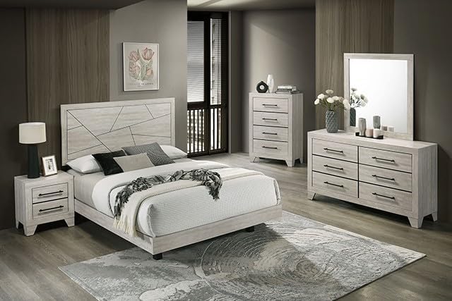 MASARA 3-Piece Bedroom Set with Geometric Headboard, Light Gray Engineered Wood and Rubberwood, Queen/King Platform Bed, 2 Nightstands, Contemporary Style (King (U.S. Standard))