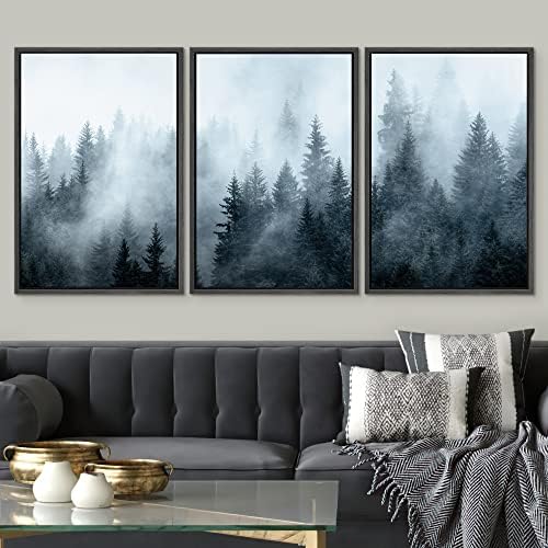 SIGNWIN Framed Canvas Print Wall Art Set Winter Fog Mist Pine Tree Mountain Forest Nature Wilderness Photography Modern Art Landscape Relax/Calm for Living Room, Bedroom, Office - 24'x36'x3 Black